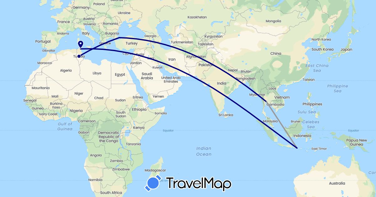 TravelMap itinerary: driving, plane in Indonesia, Thailand, Tunisia, Turkey (Africa, Asia)